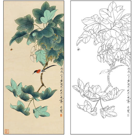 工笔画白描底稿于非闇花鸟《花鸟》临摹勾线高清打印稿FA43 商品图0