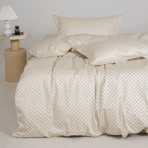 80S长绒棉贡缎印花四件套（暖米菱格） 商品图0