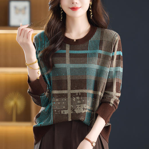 格子上衣女2025新款秋冬内搭毛衣漂亮洋气减龄圆领打底衫大码胖mm 商品图1