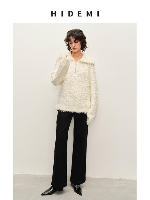 HIDEMI 长毛拉毛羊毛混纺做旧感粗针拉链设计感翻领毛衣 商品图6