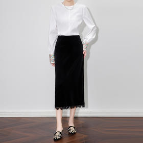 「高货wl」全新升级【铂金会员201/天猫269/差价68】(95217)洛诗琳通勤优雅蕾丝拼接半身裙2025秋季显瘦直筒丝绒裙