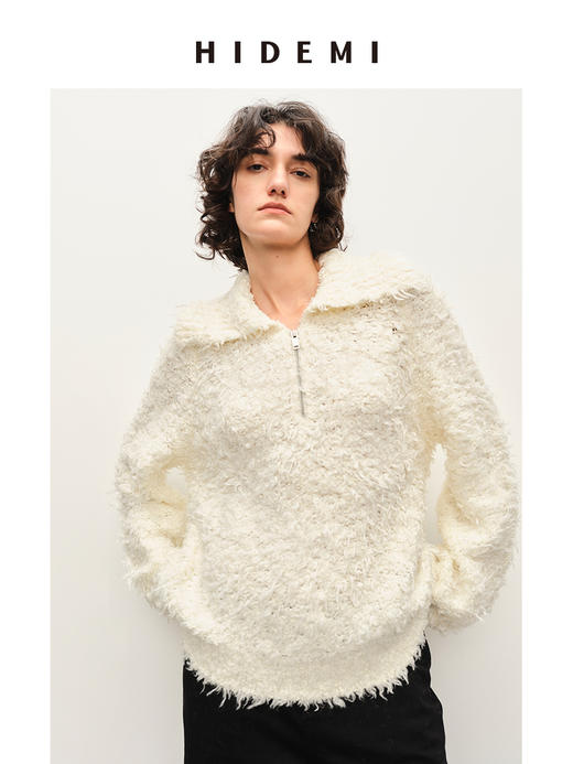 HIDEMI 长毛拉毛羊毛混纺做旧感粗针拉链设计感翻领毛衣 商品图7