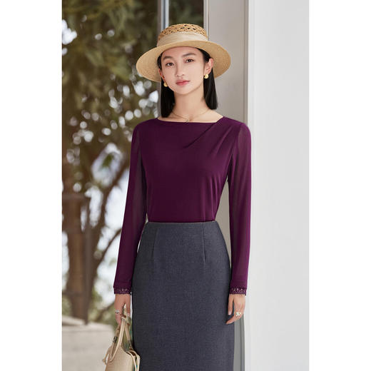 剩S/M/L/XL 西梅紫一字领T恤 米思阳2026春季新款纯色百搭长袖T恤女4397 商品图2