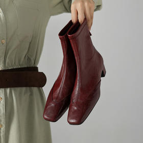 【预售5天】法式气质小踝靴秋冬方头粗跟拼接弹力短筒真皮瘦瘦靴WC&M3600
