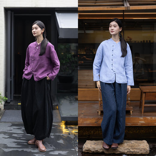 特绽放619朵/色织亚麻立领斜襟系扣落肩文艺长袖新中式衬衫女衬衣 商品图3