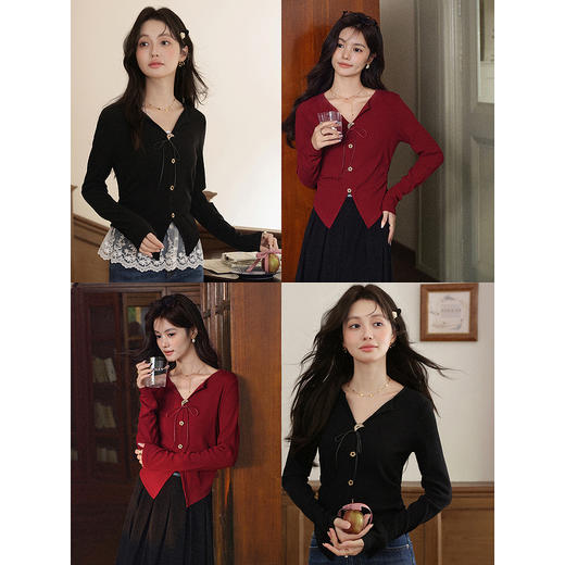 鹿向南「千秋玫瑰」设计感红色V领正肩长袖T恤女初秋修身显瘦上衣 商品图4