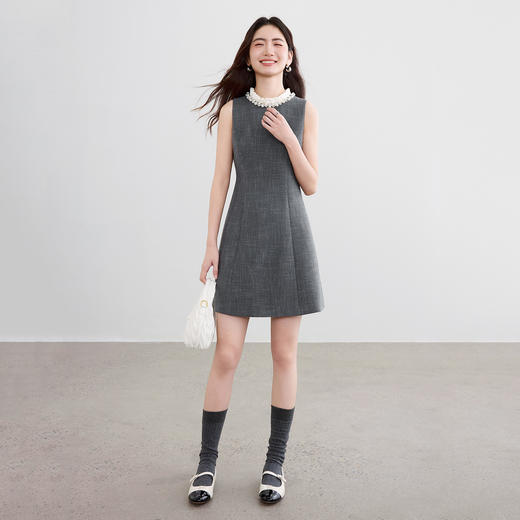 【内购】【手工钉珠】小香风木耳边领立裁收腰显瘦短款呢子无袖背心连衣裙-153LP3344 商品图2