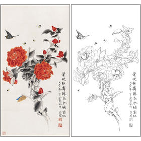 工笔画白描底稿于非闇花鸟《山茶蝴蝶》临摹勾线高清打印稿FA39