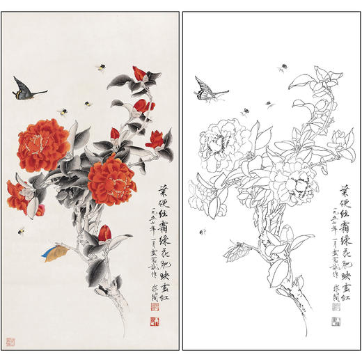 工笔画白描底稿于非闇花鸟《山茶蝴蝶》临摹勾线高清打印稿FA39 商品图0