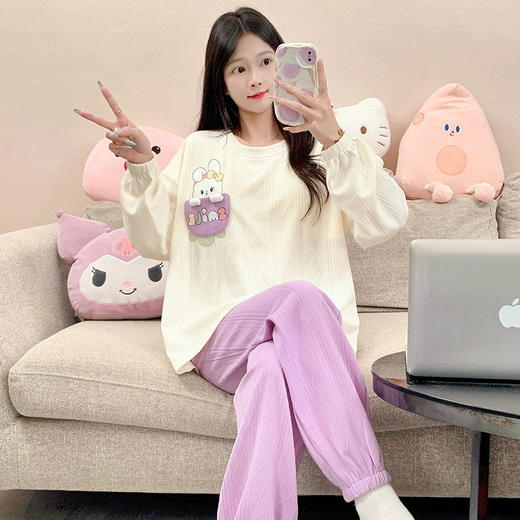 秋季新款学生家居服可外穿带胸垫睡衣女春秋季提花棉长袖圆领甜美可爱可外穿女士家居服套装 商品图8