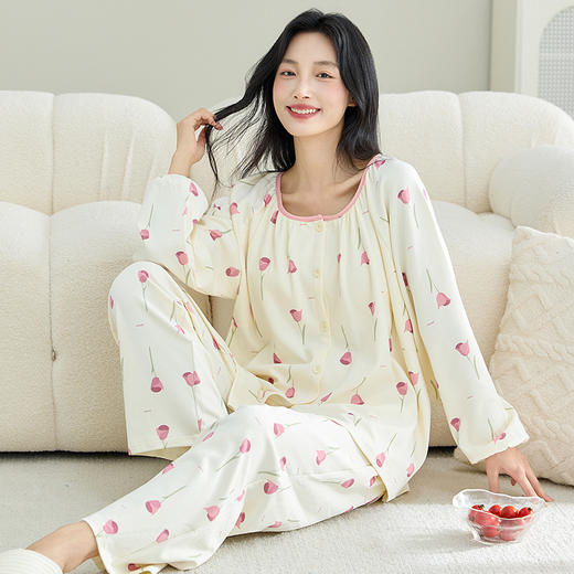 睡衣女春秋季开衫纯棉长袖长裤蕾丝甜美可爱可外穿女士家居服套装 商品图8