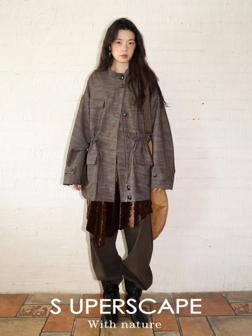 素舶 亚麻棉混纺肌理感立领工装大口袋抽绳短风衣夹克外套 商品图4