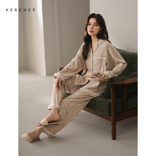 可人儿春秋季带胸垫奥力棉女士长袖长裤睡衣可外出纯棉家居服套装 商品图3