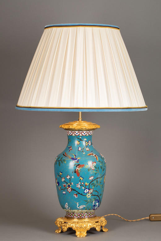 独角鹿西洋古董19世纪法国出品铜鎏金精雕装饰繁华飞鸟主题中国掐丝珐琅花瓶台灯一对 商品图2