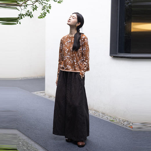 绽放593朵/加厚色织亚麻拼提花翻边半腰松紧阔腿裤松弛感休闲裤女 商品图3