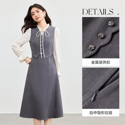 【内购】【拼接连衣裙】都市荷叶领系带泡泡袖上身马甲拼接X型收腰裙-153LA3120 商品图3