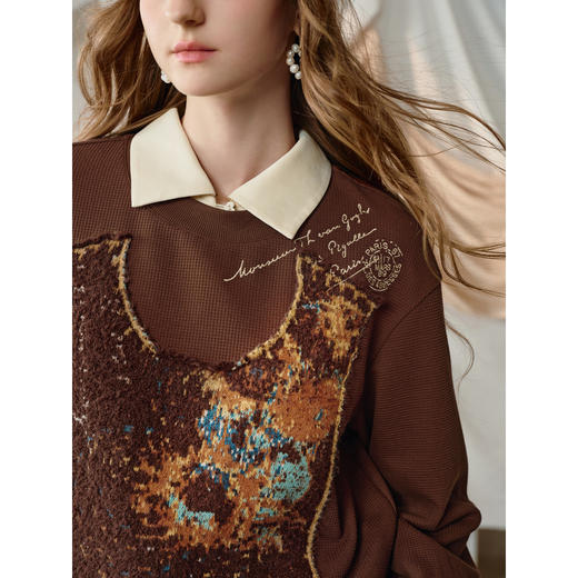 两三事梵高文艺冰滴星芒2025秋冬新款花卉毛织拼接刺绣套头卫衣女 商品图2