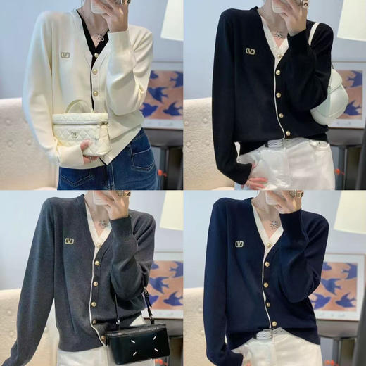 女士拼色V领针织开衫长袖内搭外穿针织衫【FF25850】 商品图0