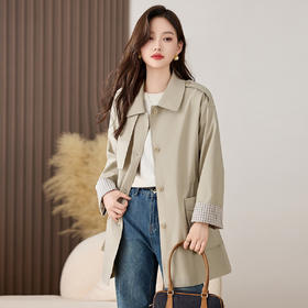 HR ZYF8887松弛感洋气减龄撞色袖宽松收腰显瘦简约纯色气质风衣外套