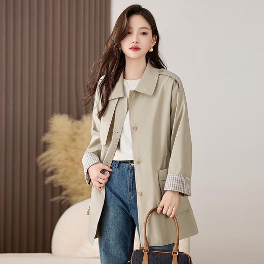 HR ZYF8887松弛感洋气减龄撞色袖宽松收腰显瘦简约纯色气质风衣外套 商品图0