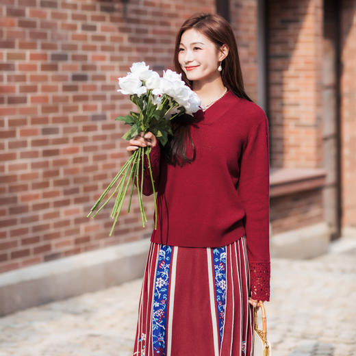 【林栖设计小店】山茶知雾系列仿手钩花羊绒衫国风修身优雅多色2025秋冬新款毛织上衣女1954075 商品图0