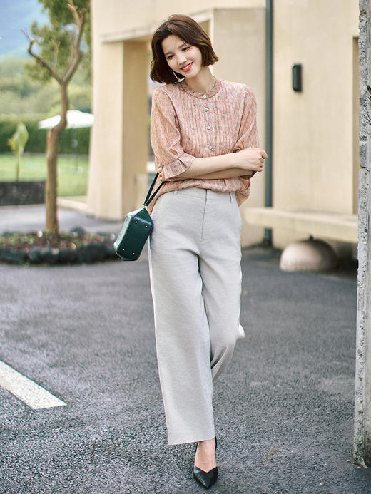 23区日系春夏季通勤宽松印花半开襟套头五分袖衬衣衬衫商场同款 商品图3