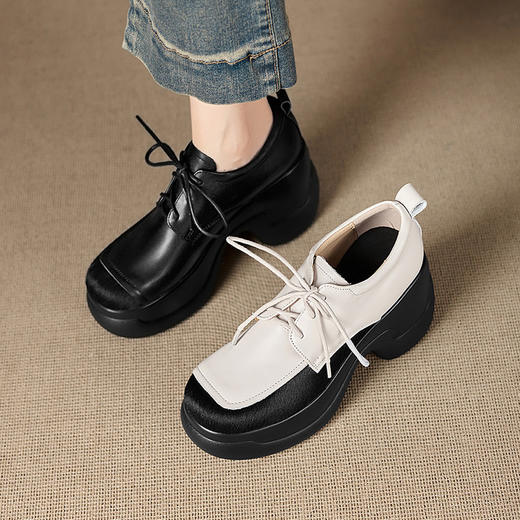 【预售5天】英伦风厚底松糕小皮鞋女软皮软毛新款春秋季高跟粗跟系带单鞋MQE&G150-6 商品图3