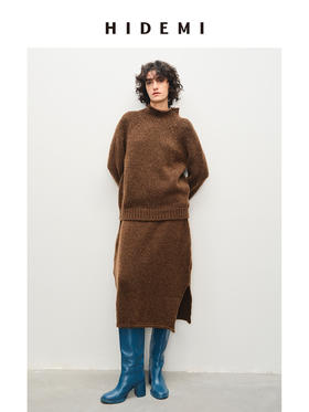 HIDEMI美利奴羊毛巧克力花纱立领极简厚款套装 毛衣/茧型半裙