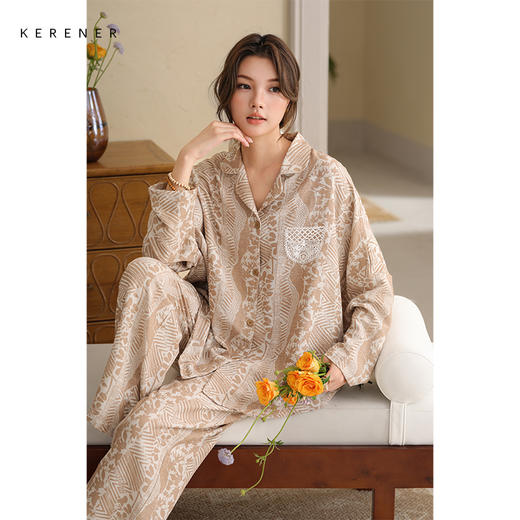 可人儿春秋季带胸垫泡泡绵女士长袖长裤睡衣可外出小众家居服套装 商品图2