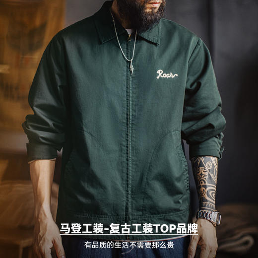 马登工装美式复古刺绣教练夹克翻领墨绿色纯棉重磅长袖外套男秋 商品图4