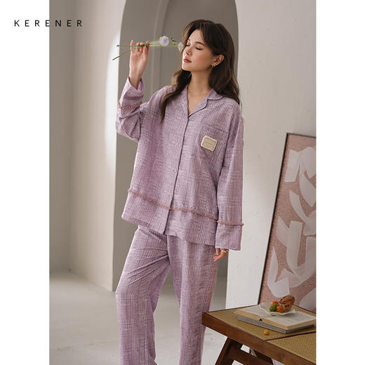 可人儿春秋季带bra泡泡绵女士长袖长裤睡衣可外出小众家居服套装 商品图1