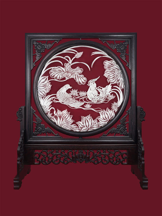 子佩集S999银手工银花丝【鸳鸯戏莲】双面旋转花丝台屏【YYXLHATP】大师工坊原创设计2508 商品图0