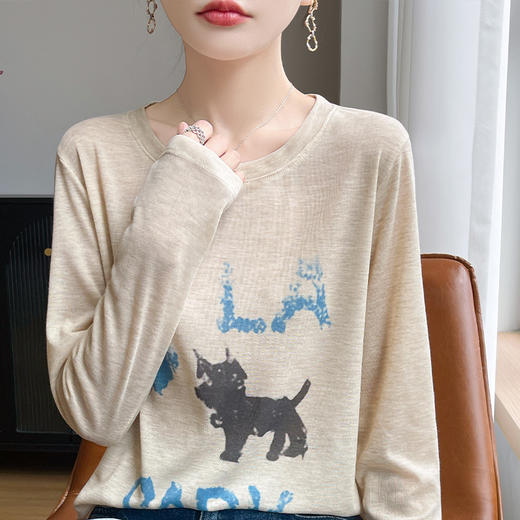 奥伊米初秋百搭100%天丝初秋圆领小狗印花薄款打底衫YTMA120 商品图2