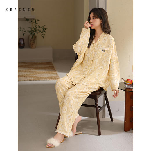 可人儿春秋季带bra泡泡绵女士长袖长裤睡衣可外出小众家居服套装 商品图3