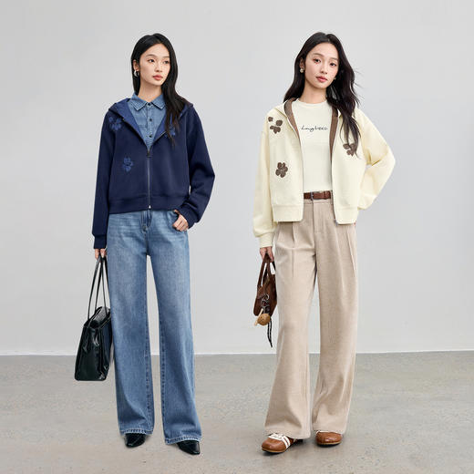 【内购】【钉珠花朵】简约通勤撞色拼接连帽拉链宽松显瘦落肩长袖针织外套-153WC2565 商品图2