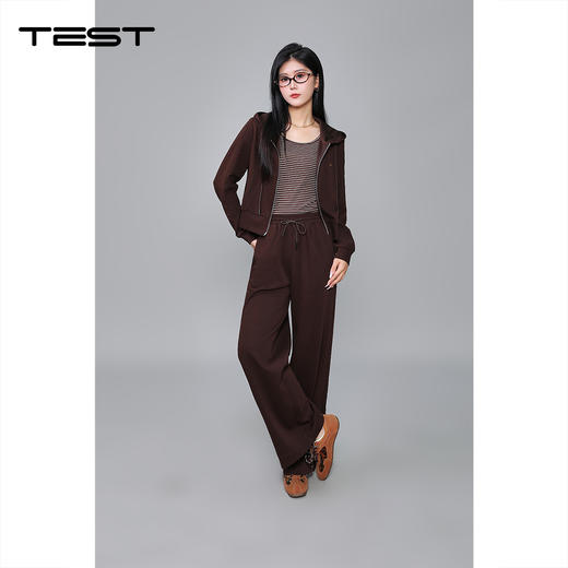 秋上新休闲风棕色拉链连帽上衣配条纹背心与阔腿裤套装裤4253044 商品图0