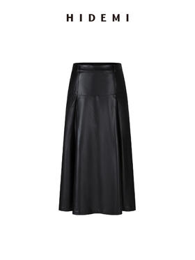 HIDEMI 极简设计感立裁压褶a型做旧环保皮气质百搭皮裙半身裙皮裙
