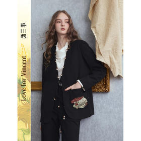 两三事梵高文艺摩登暗码2025秋季新款刺绣串珠装饰两件套西装套装