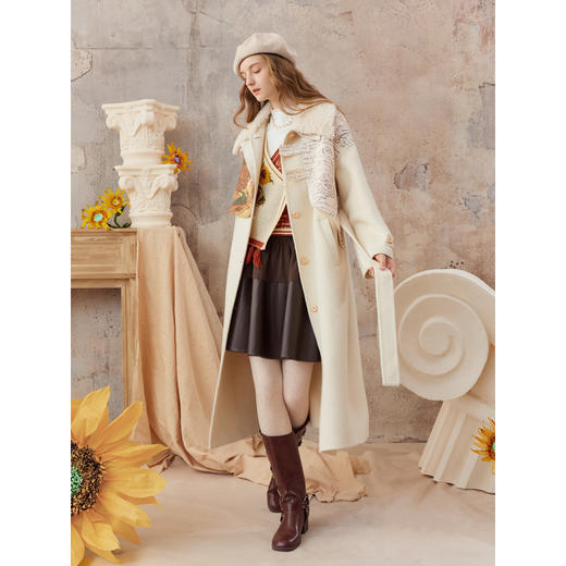 【暖冬内购】两三事梵高文艺冬雪手稿2025秋冬新款印花布拼接可拆毛领毛呢外套 商品图2