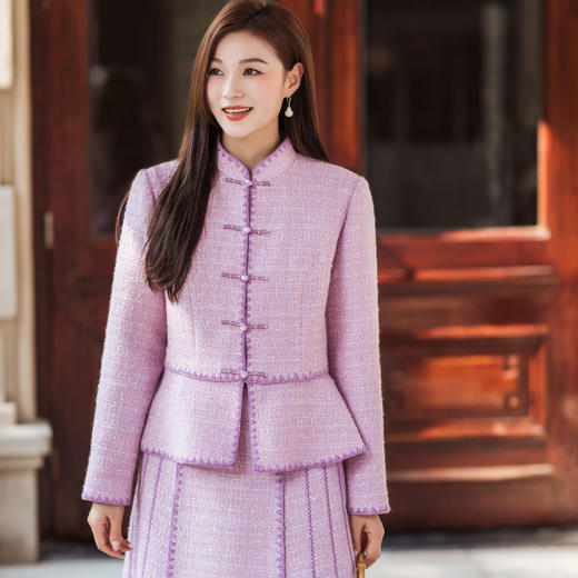 【林栖设计小店】（现货）小香风粉短外套肌理感优雅国风气质2025秋冬新款长袖上衣女T1954147 商品图0