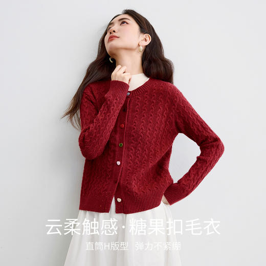 【内购】【丝绒爱心糖果扣】设计感圆领单排扣麻花绞花肌理弹力开衫毛衣-W53EB3564 商品图1