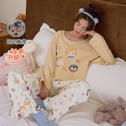 全棉睡衣女带胸垫春秋季长袖卡通可爱风两件套装纯棉韩版家居服冬 商品图7