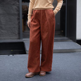 特绽放618朵/加厚色织亚麻半腰松紧透气宽松直筒裤松弛感休闲裤女