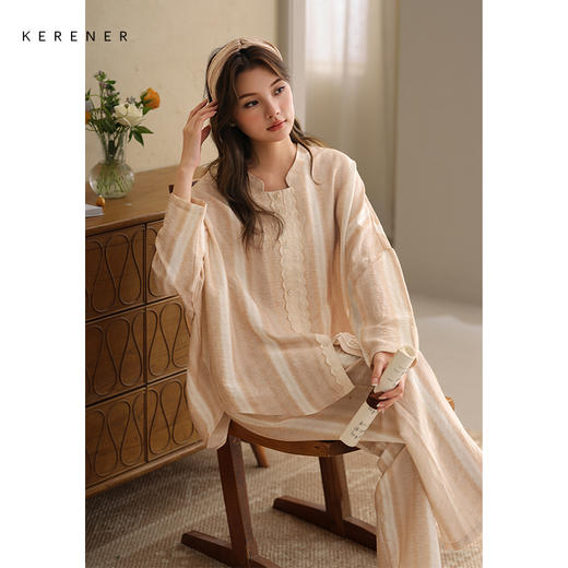 可人儿春秋季带bra泡泡绵女士长袖长裤睡衣可外出小众家居服套装 商品图2