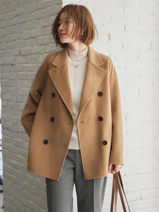 23区日系春季通勤宽松羊毛桑蚕丝混纺双排扣大衣毛呢外套商场同款 商品图1