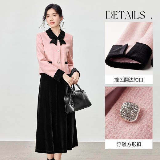【内购】【免搭配·套装】撞色设计燕尾翻领短款厚外套&A字丝绒半身裙-Q53ZB3561 商品图3