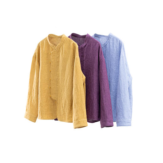 特绽放619朵/色织亚麻立领斜襟系扣落肩文艺长袖新中式衬衫女衬衣 商品图4