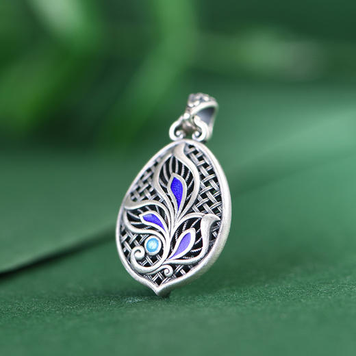 【凤羽】足银水滴编织纹复古珐琅景泰蓝凤凰羽毛吊坠【SCH-SY17547】 商品图1