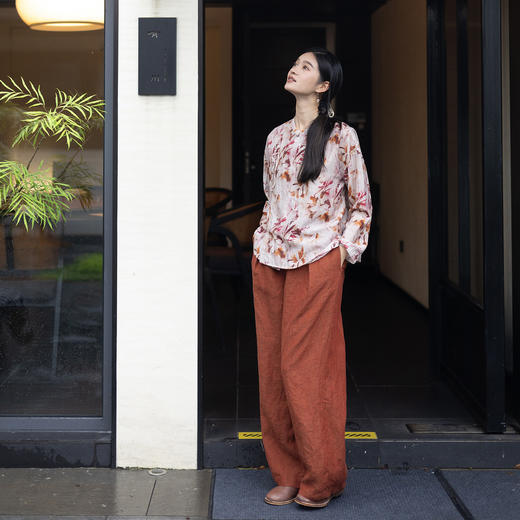 特绽放618朵/加厚色织亚麻半腰松紧透气宽松直筒裤松弛感休闲裤女 商品图3