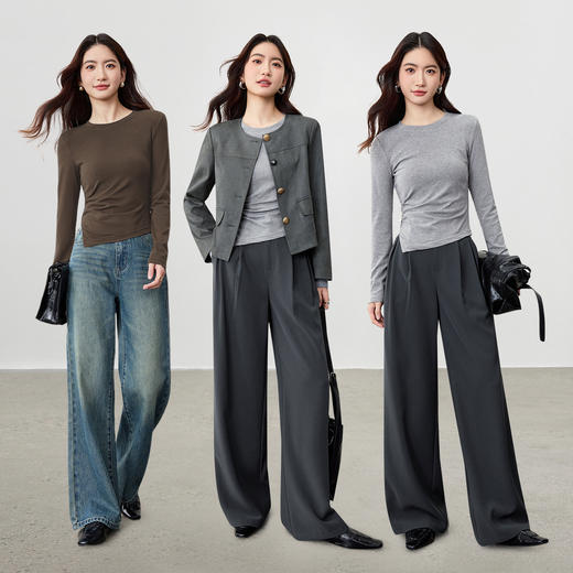 【内购】【多色可选】设计感圆领撞色方扣装饰斜捏褶收腰弹力针织长袖T恤-153TA2685 商品图2